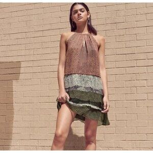 Ramy Brook Leomi Silk SZ L Animal Print Tiered Ruffle Lined Sleeveless Dress NEW